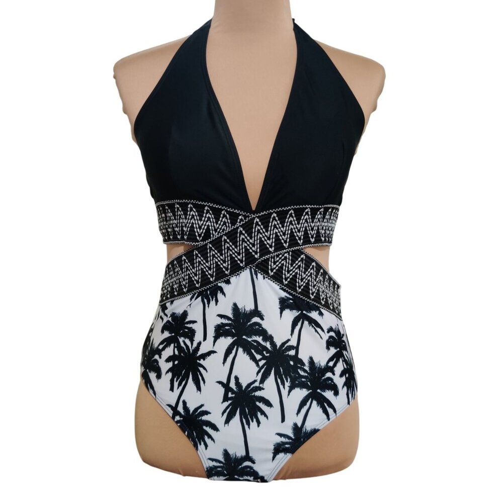 Womens Swimsuit Halter Neck Palm Tree Print One Piece Beach Black White Size M